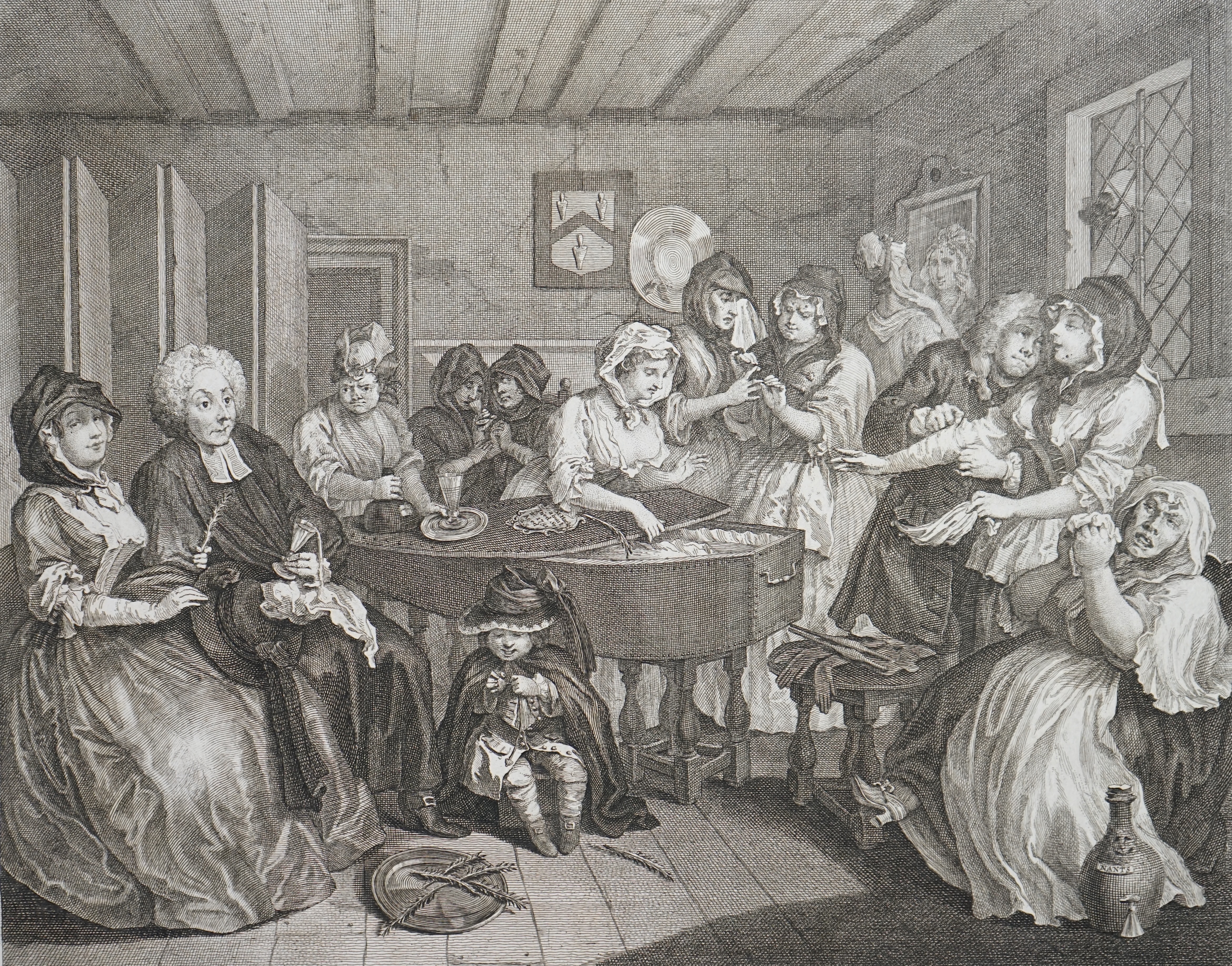 William Hogarth (English, 1697-1764), The Harlots Progress c.1775, Jane Hogarth edition, set of eight engravings, 30.5 x 58cm